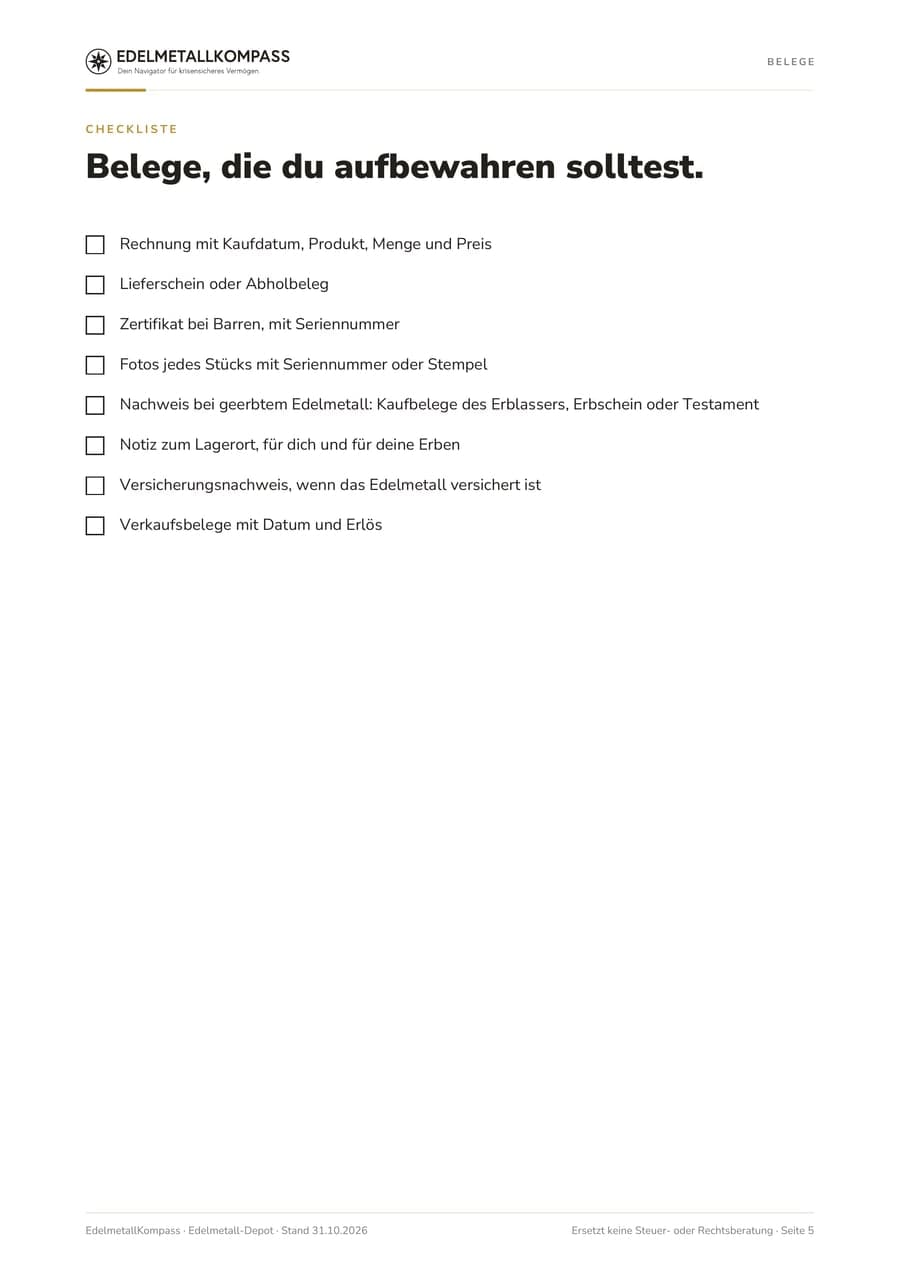Seite der Anleitung mit der Checkliste für Belege, 8 Kästchen zum Abhaken