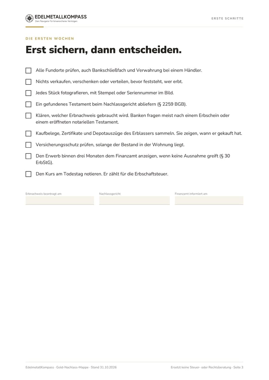 Seite mit der Checkliste für die ersten Wochen, neun Kästchen und Feldern für Erbnachweis, Nachlassgericht und Finanzamt
