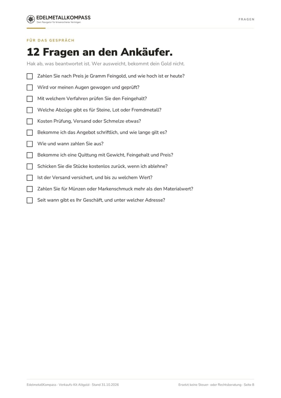 Seite mit 12 Fragen an den Ankäufer zum Abhaken